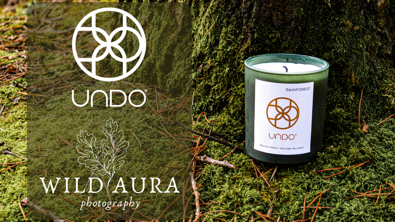 Candle on forest floor with Undo logo and Wild Aura logo